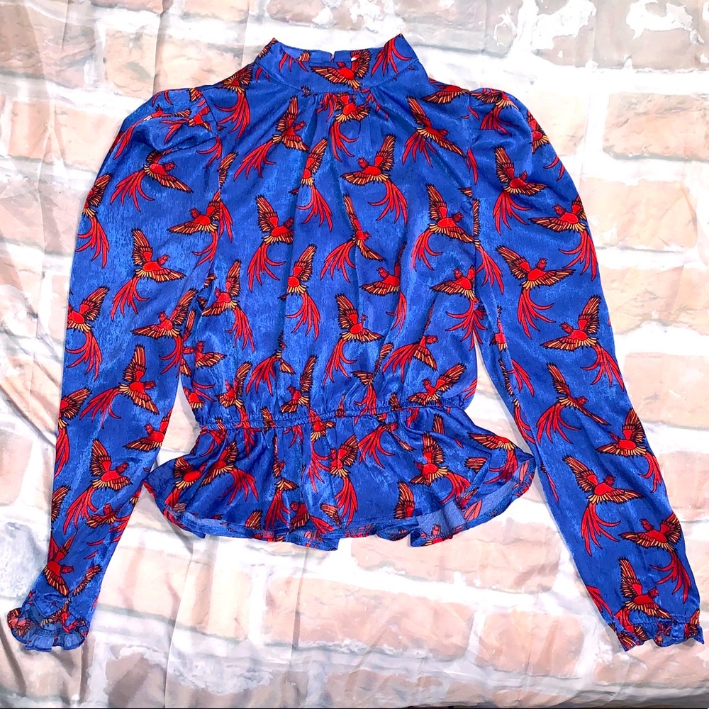 Glamorous Royal Blue Blouse with Red Bird Print